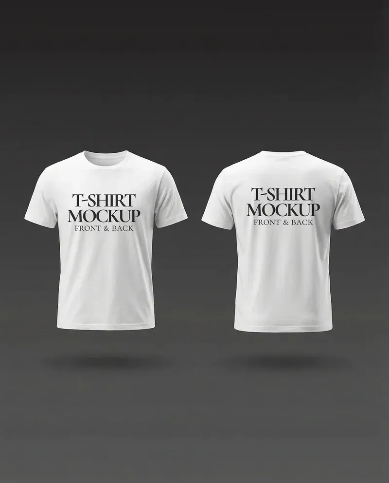 White t-shirt mockup showing both front and back views side by side, displayed against a dark grey background with centered printed text.